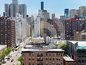 Overhead view of the crowded buildings on First Avenue in New York City, seenÂ from theÂ Roosevelt Island Tramway